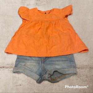 EUC Old Navy Bundle Flowy Salmon Color Shirt and Light Color Jean Shorts 18-24M